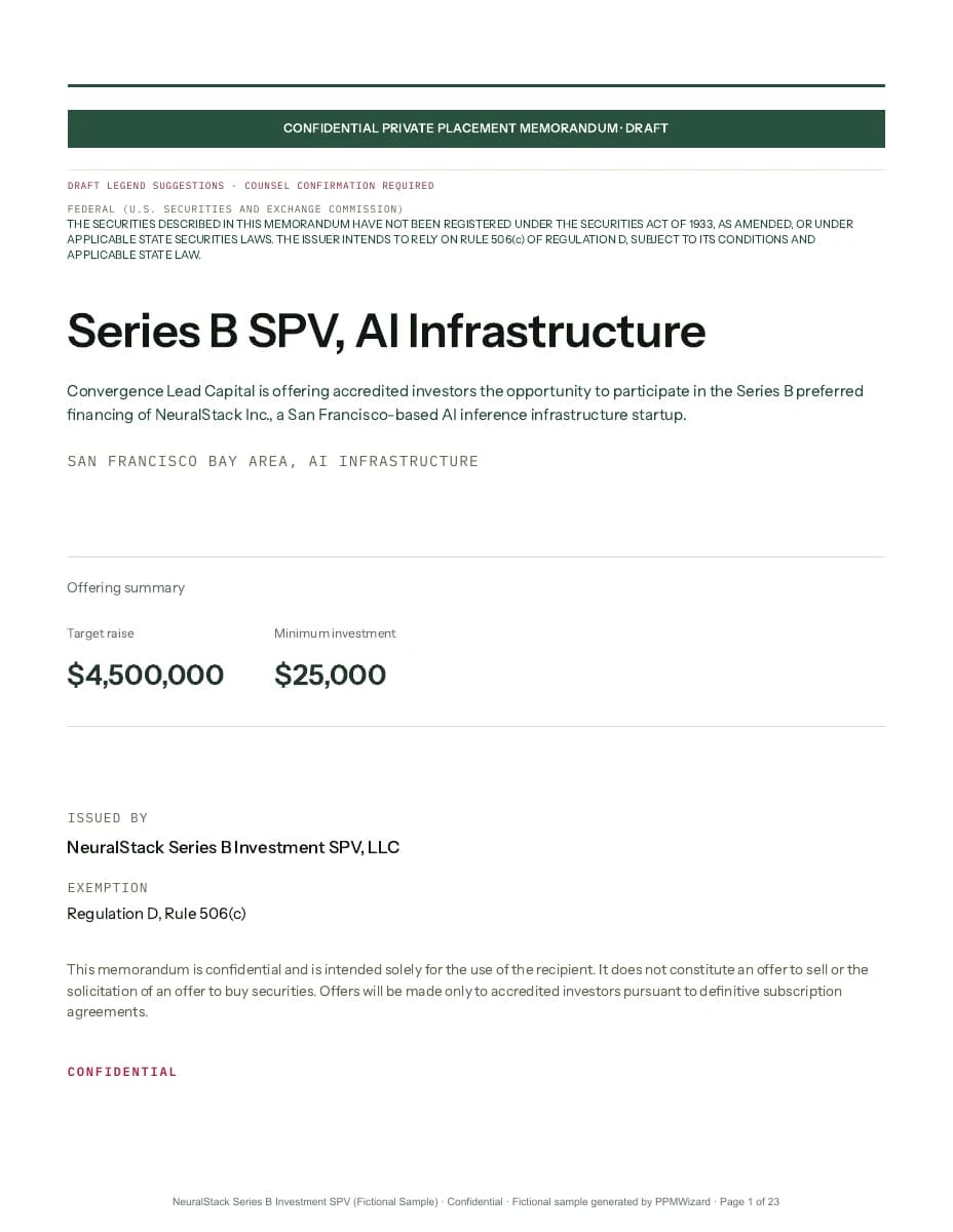Sample PPM export cover for Series B SPV, AI Infrastructure