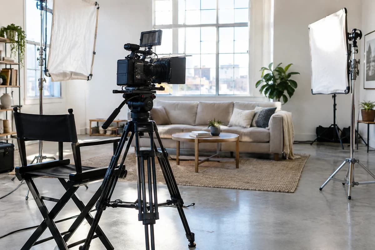 Film camera on a tripod in a naturally lit production studio