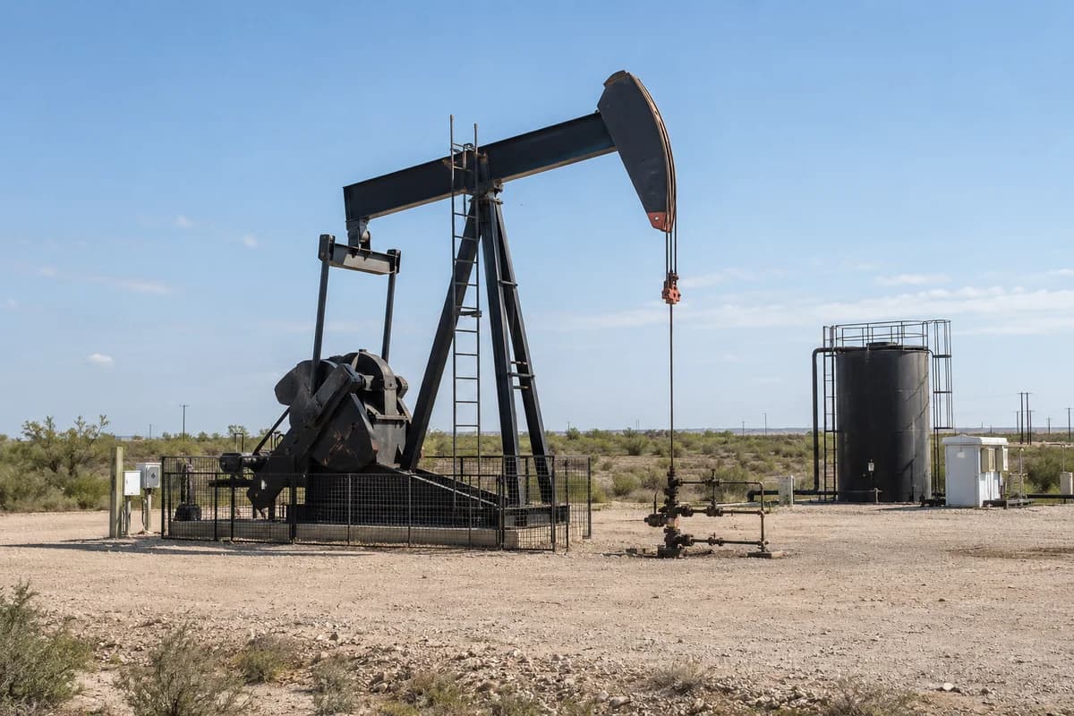 Oil pumpjack in an open field under a daylight sky