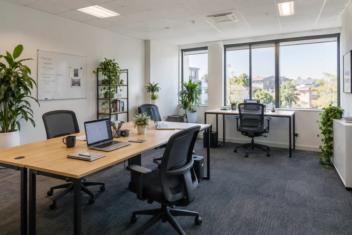 Bright office with shared desks, laptops, and plants