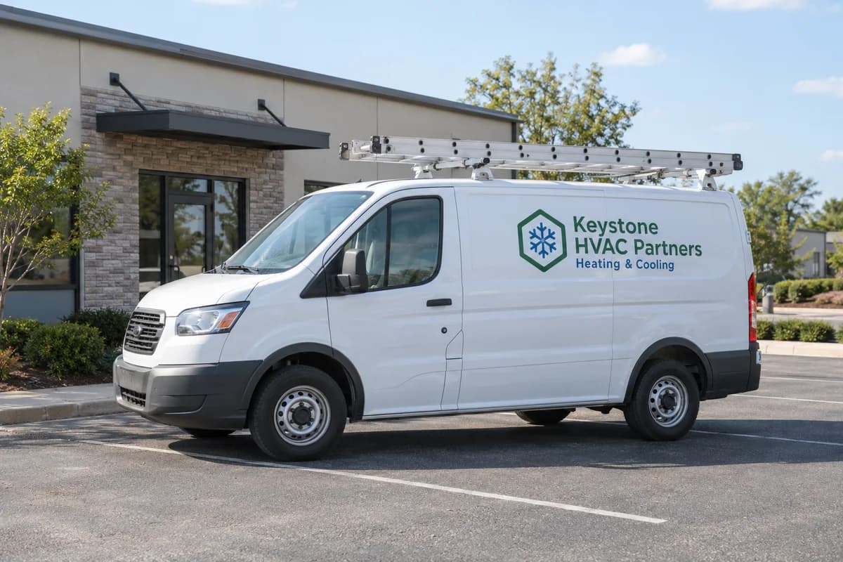 White HVAC service van parked outside a service business in daylight