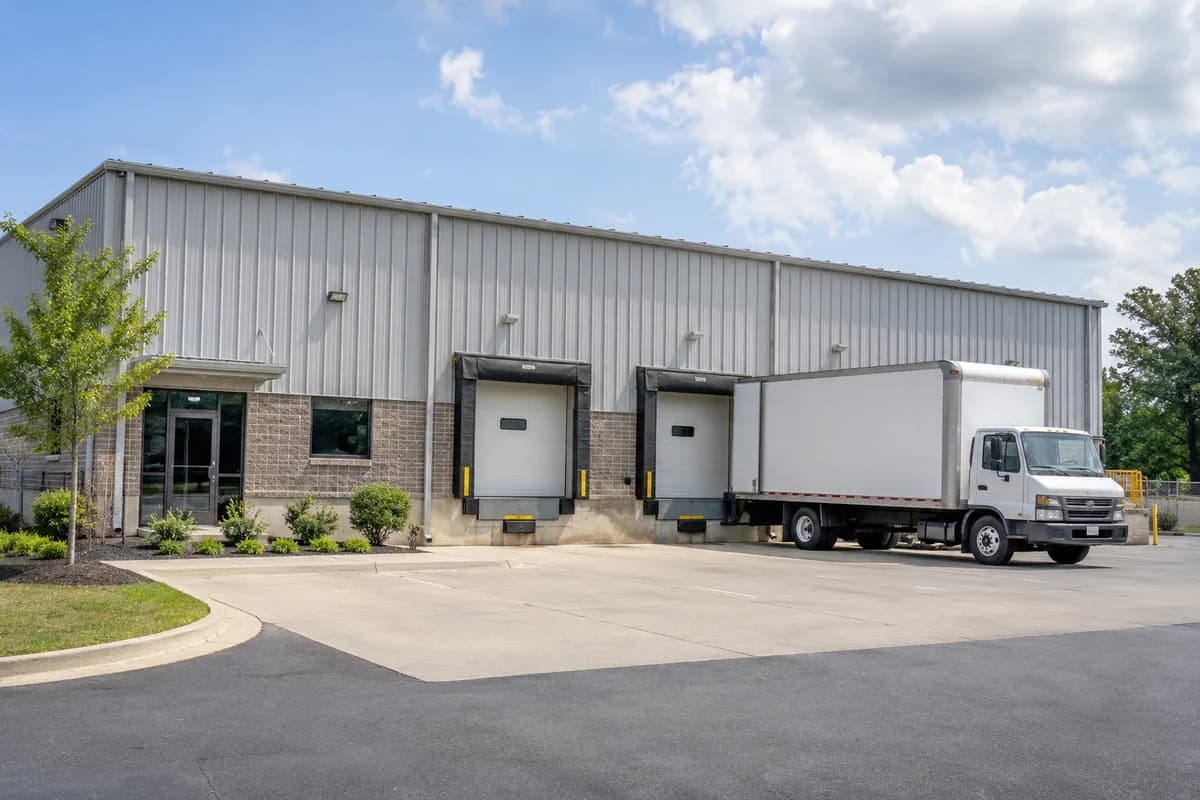Commercial warehouse loading bays and a delivery trailer in daylight