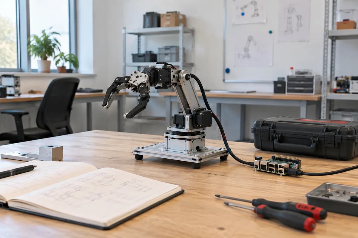 Electronics prototype and tools on a bright workbench